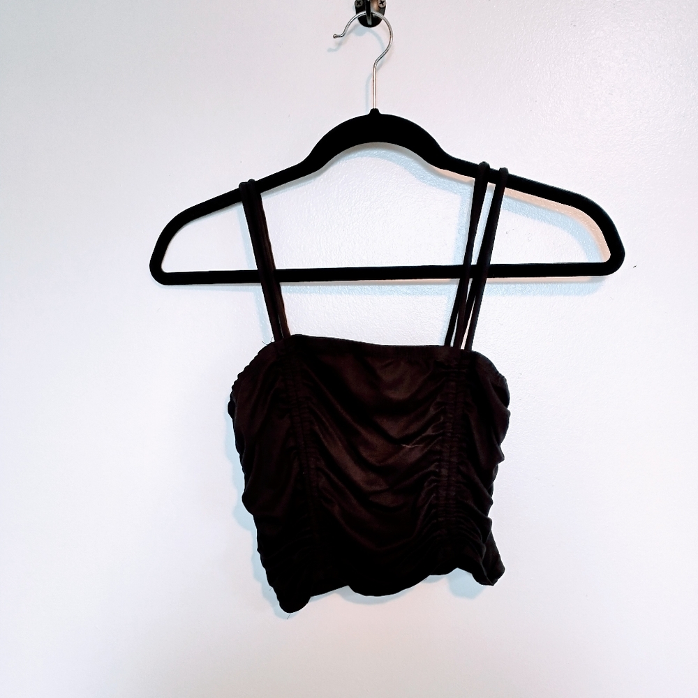 Fashion Nova black crop top with rushed front and spaghetti straps size small